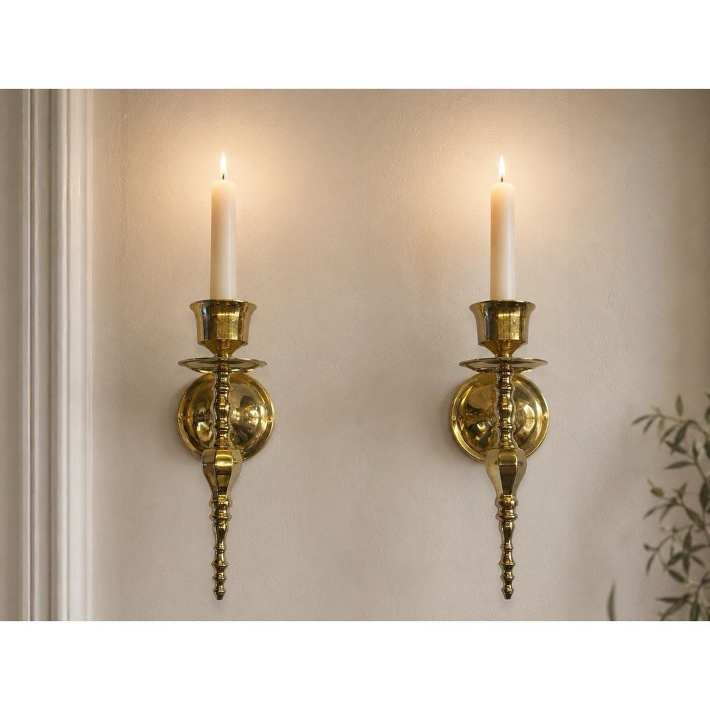 Vtg Pair Of Brass Candlestick Wall Torch Sconce Heavy Candle Holders 10" India